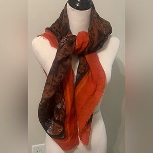 Linda Allard For Ellen Tracy Wool Scarf Rust/Brown/Orange Map Like Design 47x47